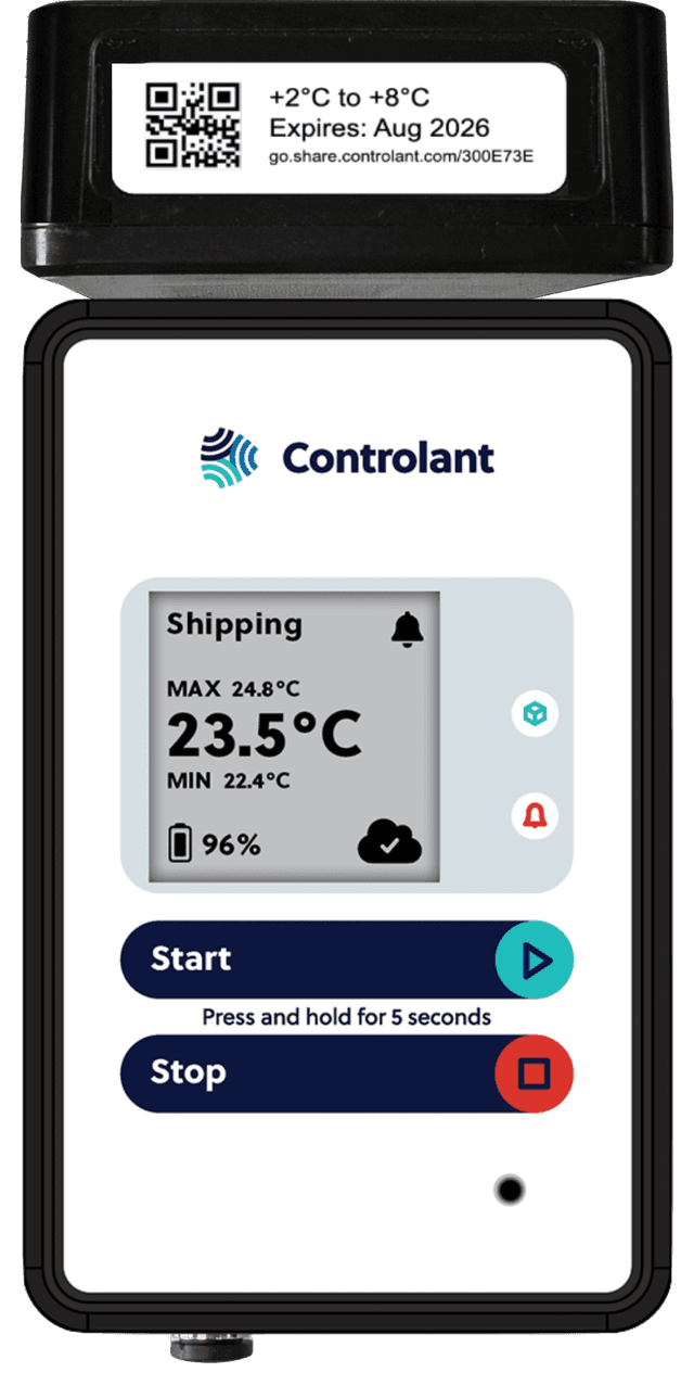 A Controlant Go device: the front with its Shipping screen and Start and Stop buttons, and on top the white label with a QR code, +2°C to +8°C and the address go.share.controlant.com/300E73E