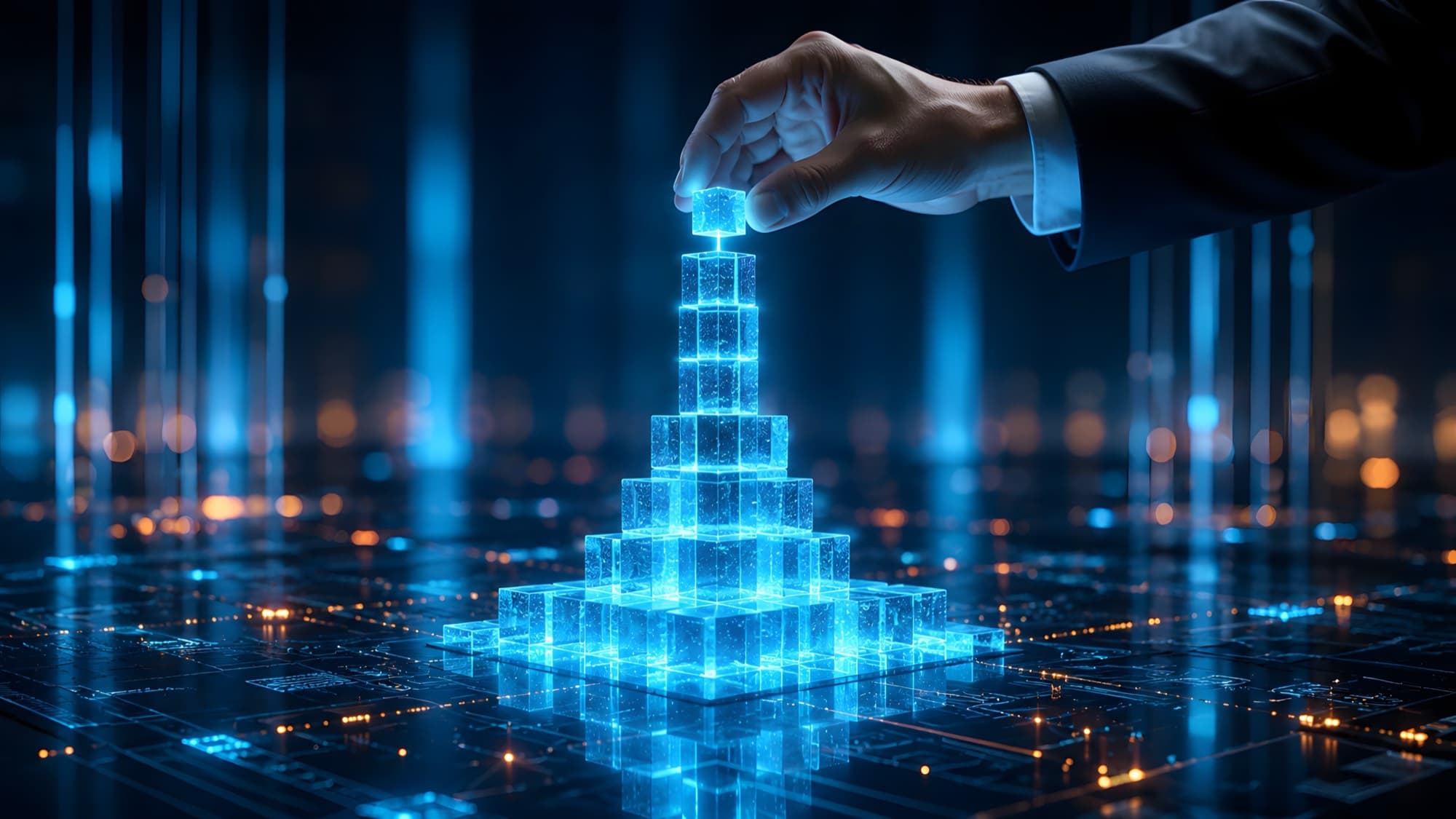 A hand placing the last glowing blue cube on top of a stepped tower of cubes, on a dark surface lit like a circuit board