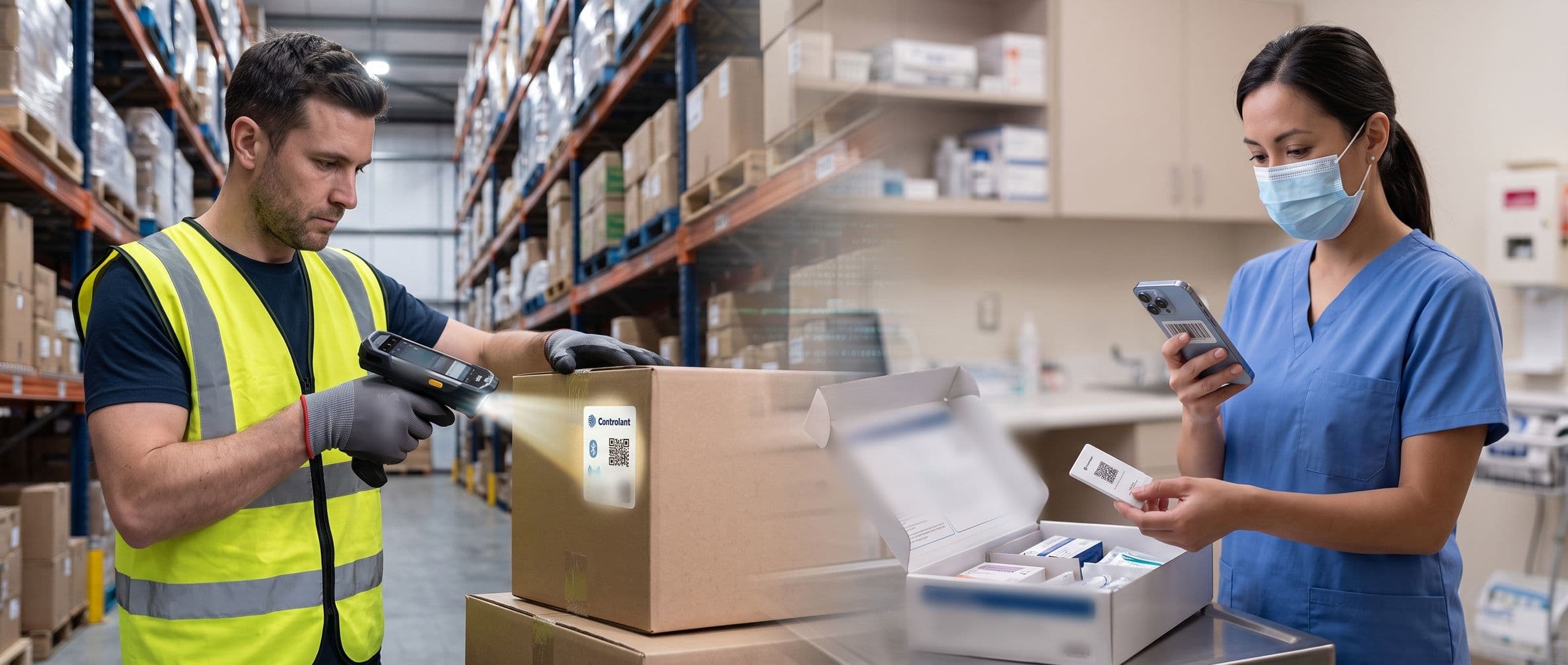 A warehouse operator scanning a Controlant label on a box with a handheld, and a clinic nurse scanning a device from a kit with a phone