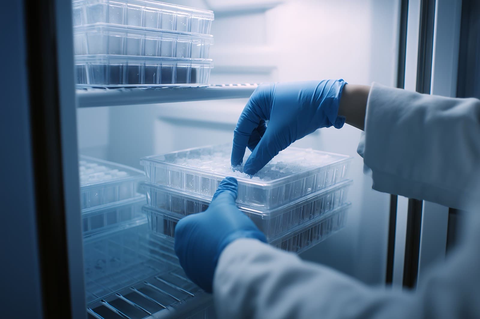 Gloved hands lifting a tray of samples out of a laboratory freezer