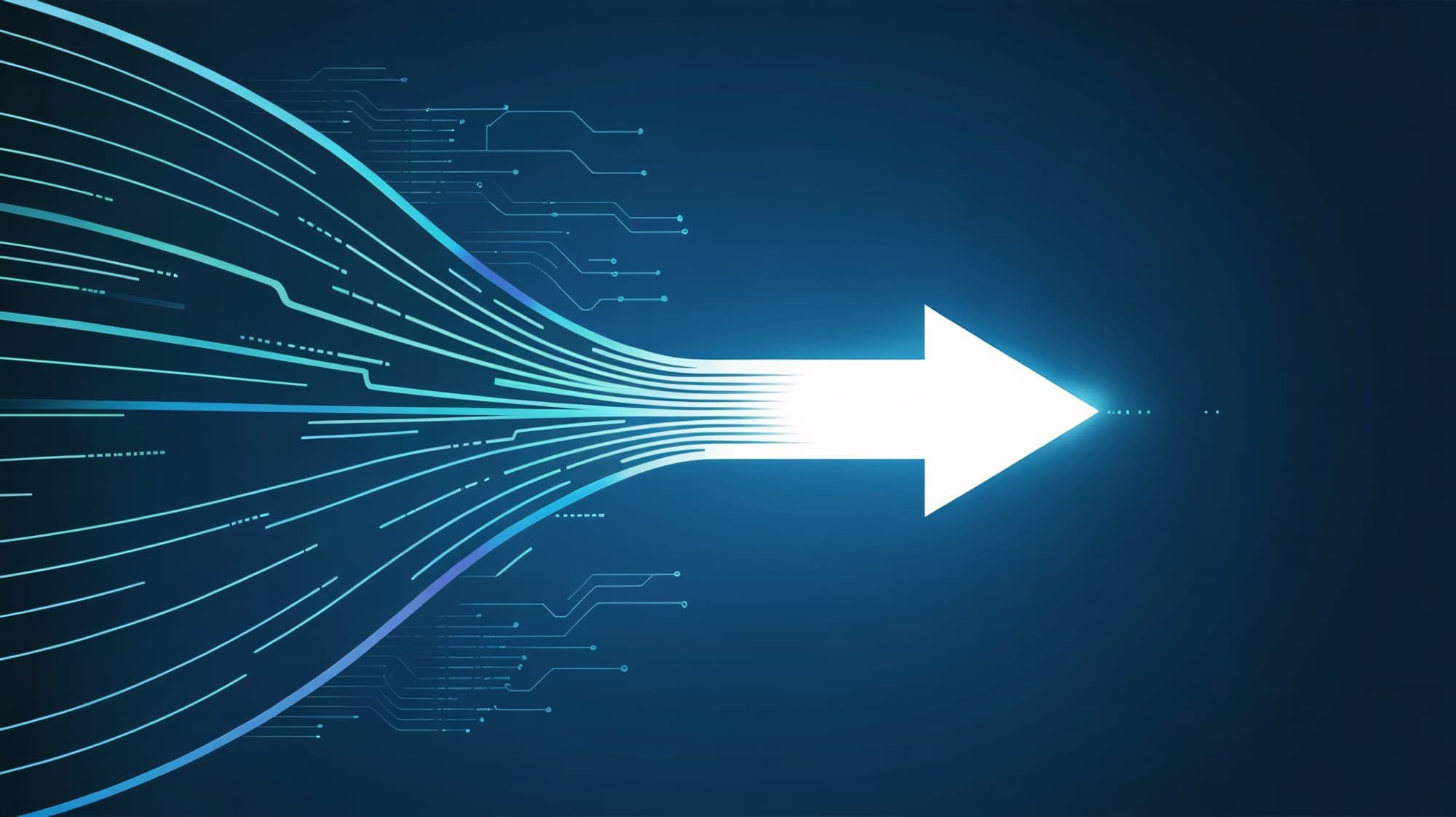 Illustration of many data lines converging into a single white arrow on a dark blue field