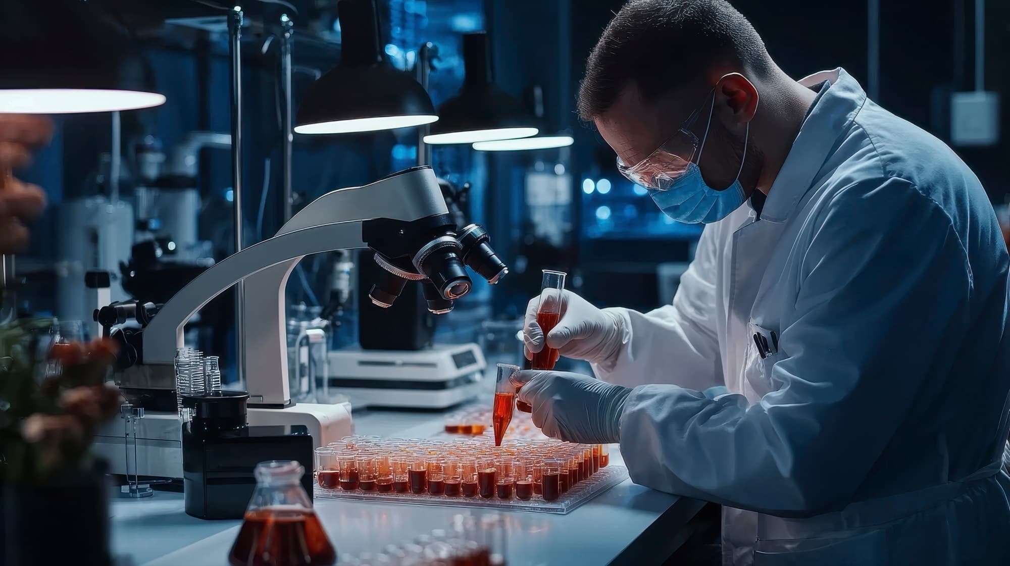 A researcher in a mask and lab coat working with sample trays at a microscope