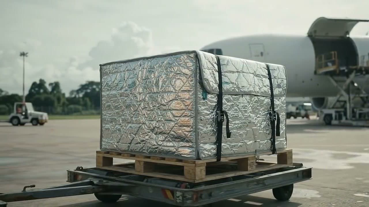 An insulated pallet on a dolly on an airport cargo apron, a freighter behind it