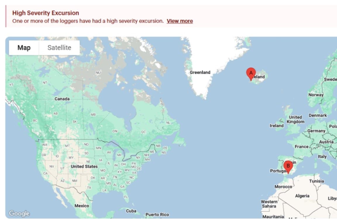 A shipment's page in the Controlant platform: a red notice reading High Severity Excursion, one or more of the loggers have had a high severity excursion, above a map with pin A in Iceland and pin B in southern Spain