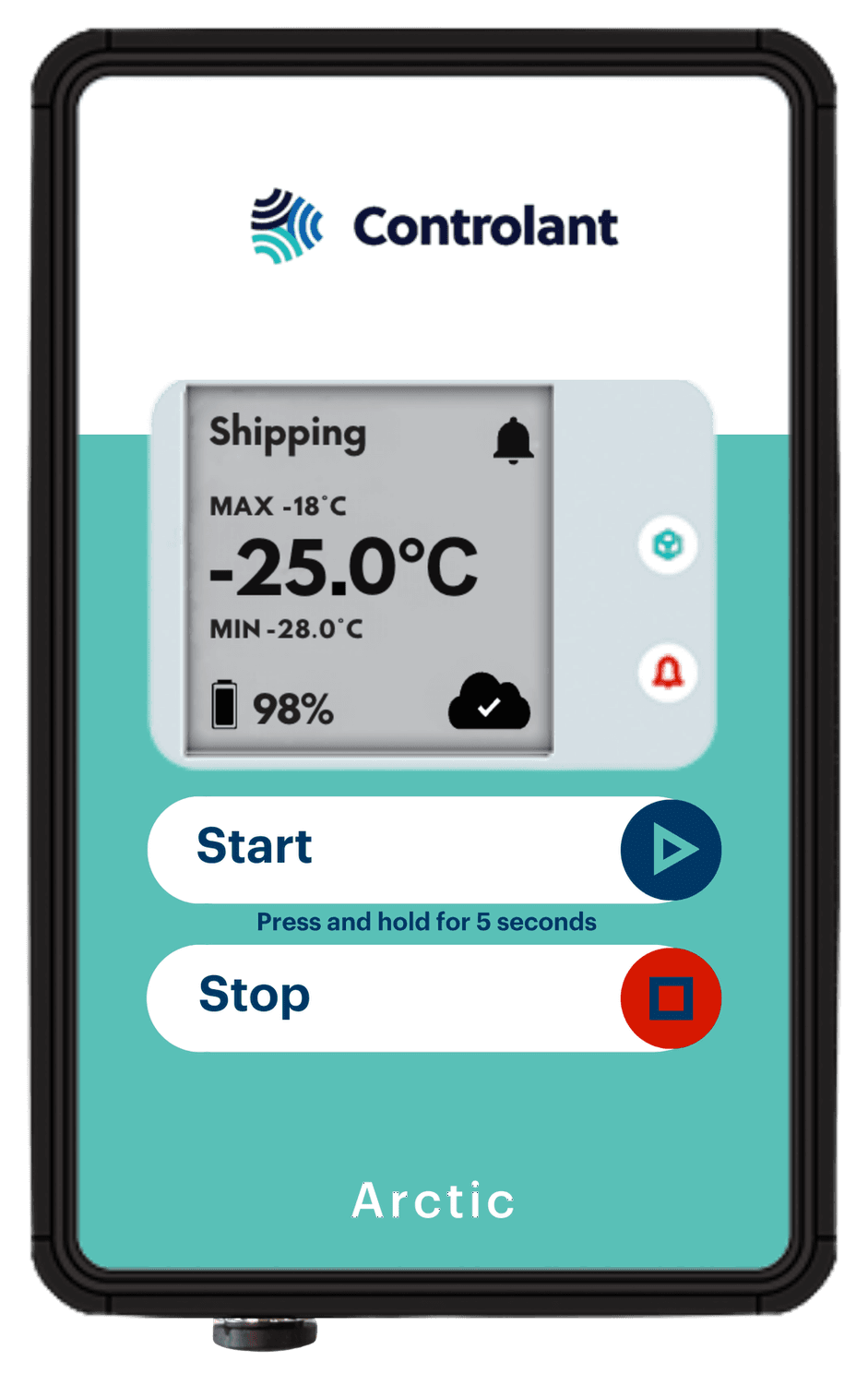 Saga Arctic device, white at the top and teal from the screen down, probe port capped, screen reading a shipment in progress at −25.0 °C