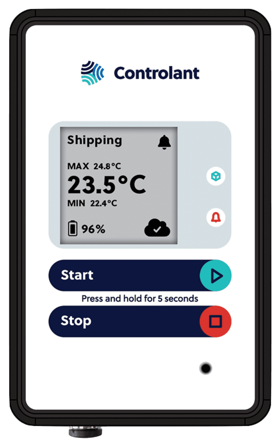 Saga-P Standard device, white face with the probe port capped, screen reading a shipment in progress at 23.5 °C