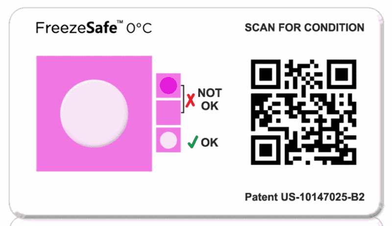 A FreezeSafe 0 °C indicator card with a pink window, OK and Not OK marks and a QR code marked Scan for condition