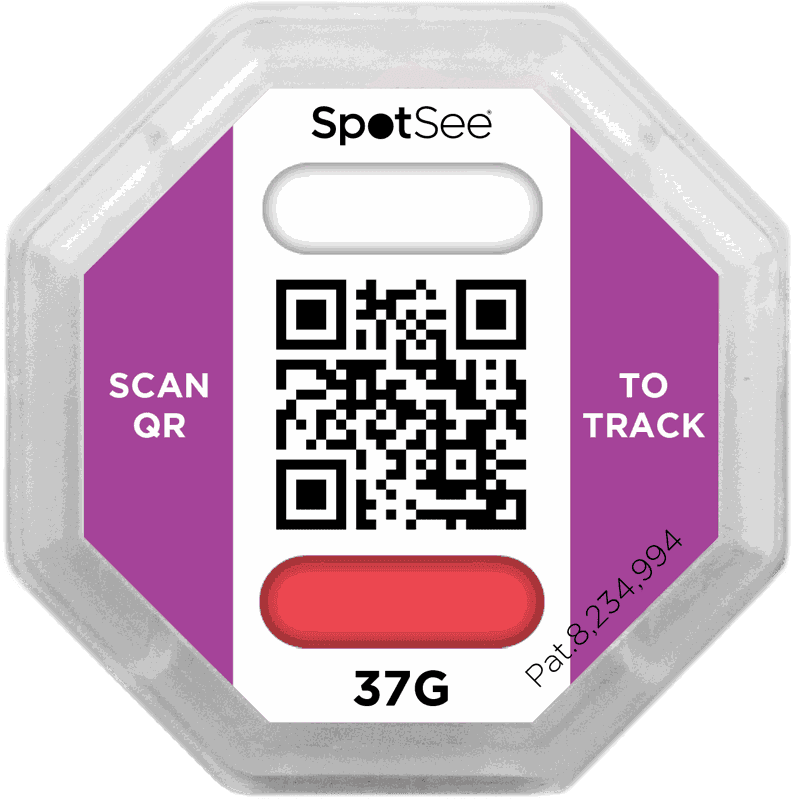 An octagonal ShockWatch 2 QR impact indicator rated 37G, with a QR code marked Scan QR to track and its red activated tube