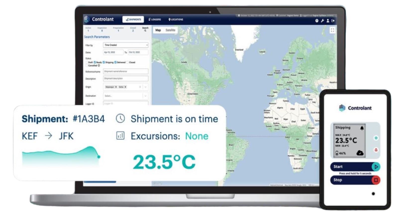 The Controlant platform on a laptop and a phone, showing a shipment from KEF to JFK at 23.5 °C with no excursions